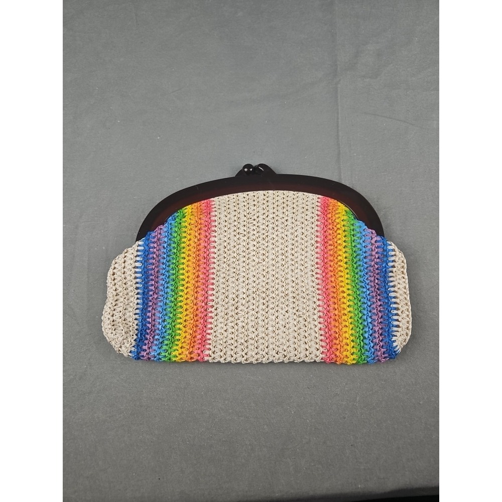 Vintage MCI Made In Hong Kong Woven Rainbow Clutch Handbag Lined Purse